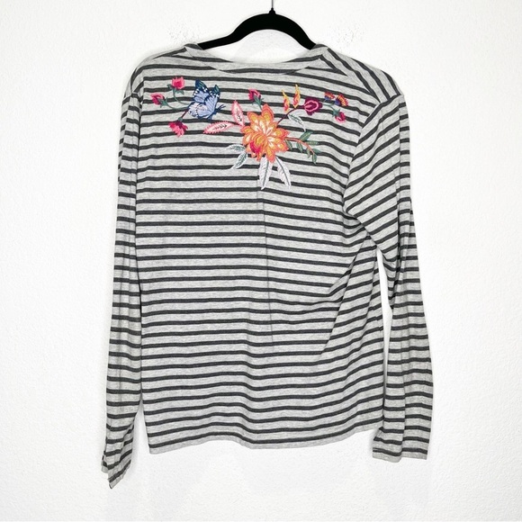 Johnny Was Sandra Split Jersey Striped Embroidered Long Sleeve Tee Small - Picture 9 of 13